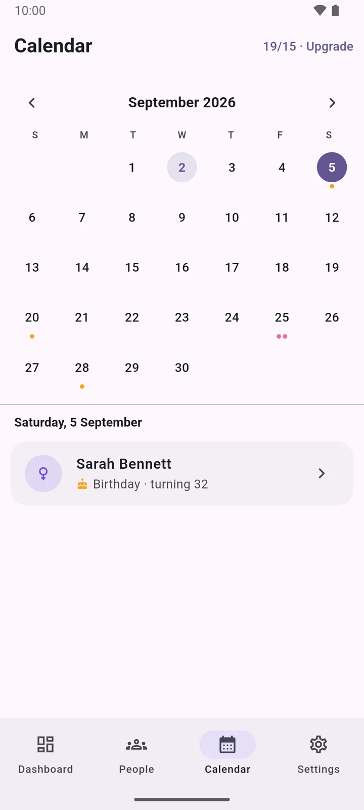 Lifelines calendar with birthdays marked on each day