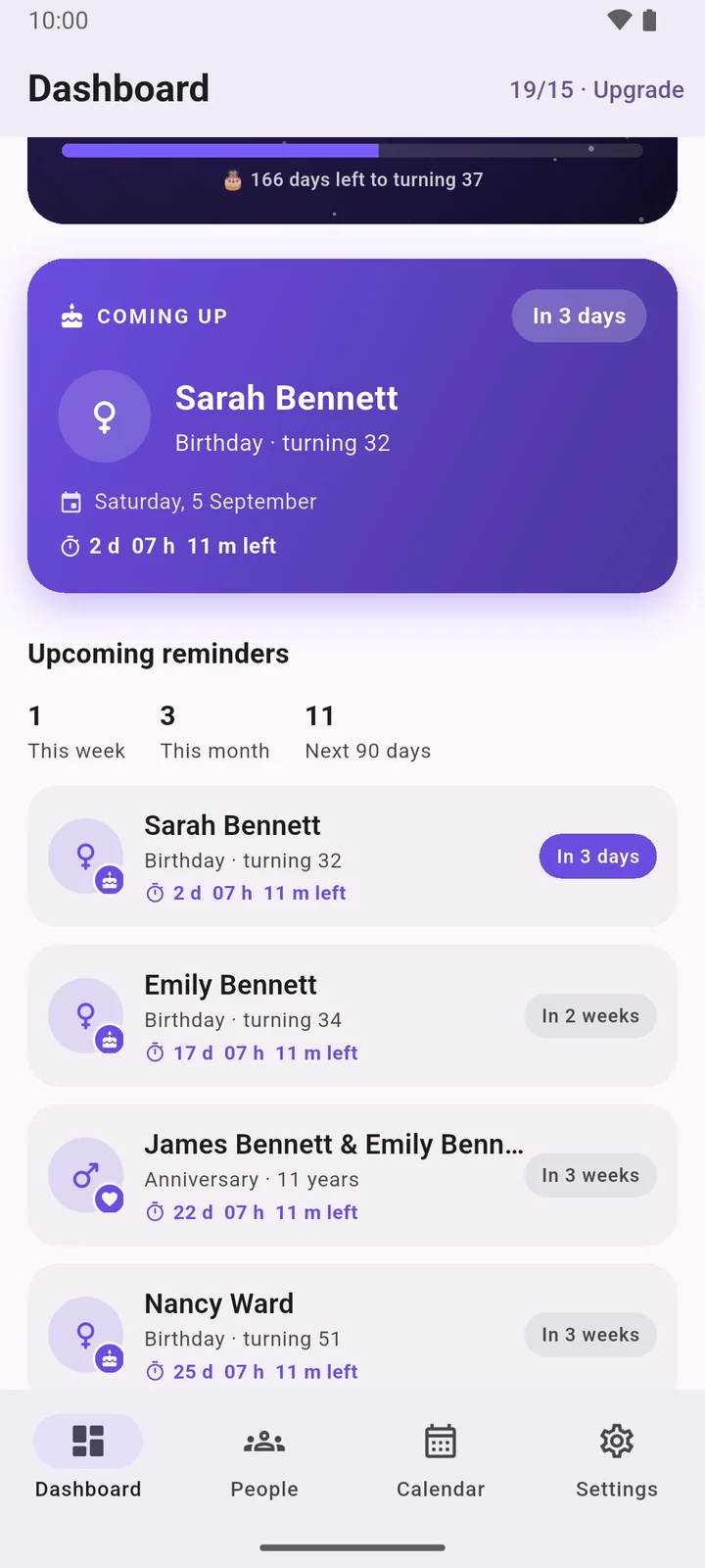 Lifelines upcoming reminders list with live countdowns
