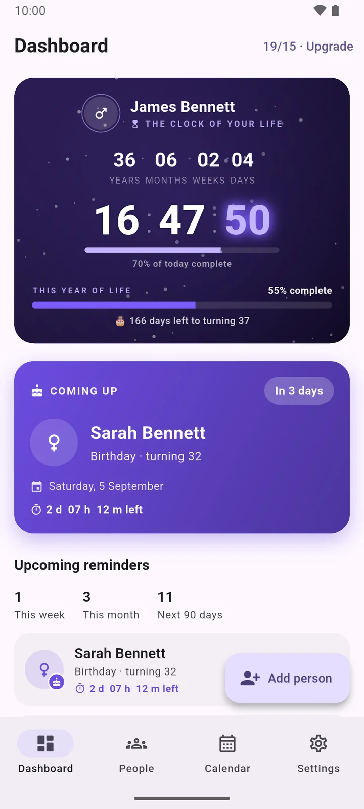Lifelines dashboard with the life clock and the next birthday coming up