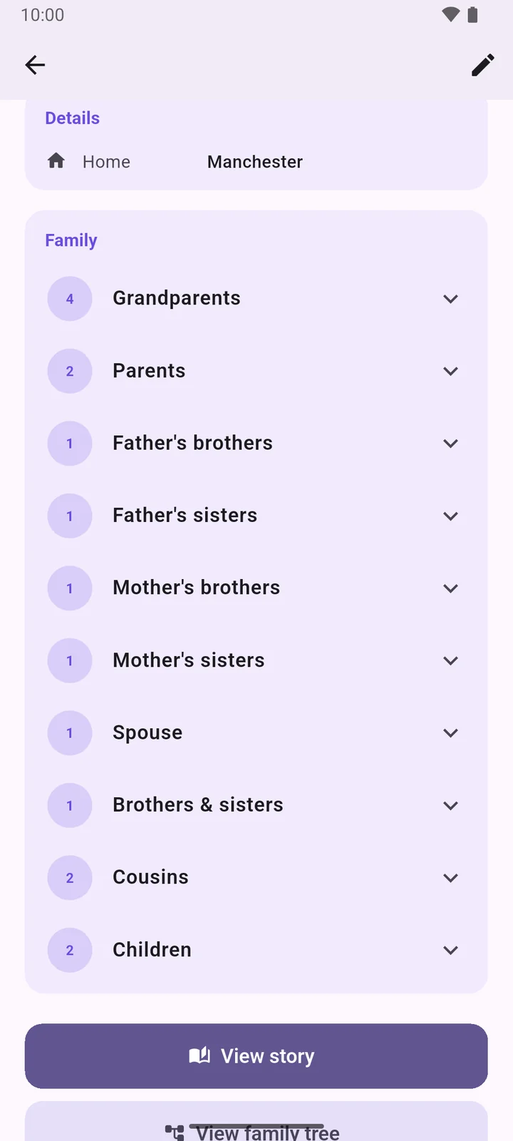 Lifelines family relations grouped by grandparents, parents, uncles, aunts and cousins