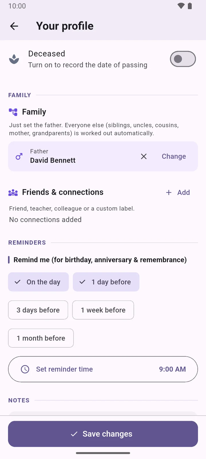 Lifelines profile screen with reminder options